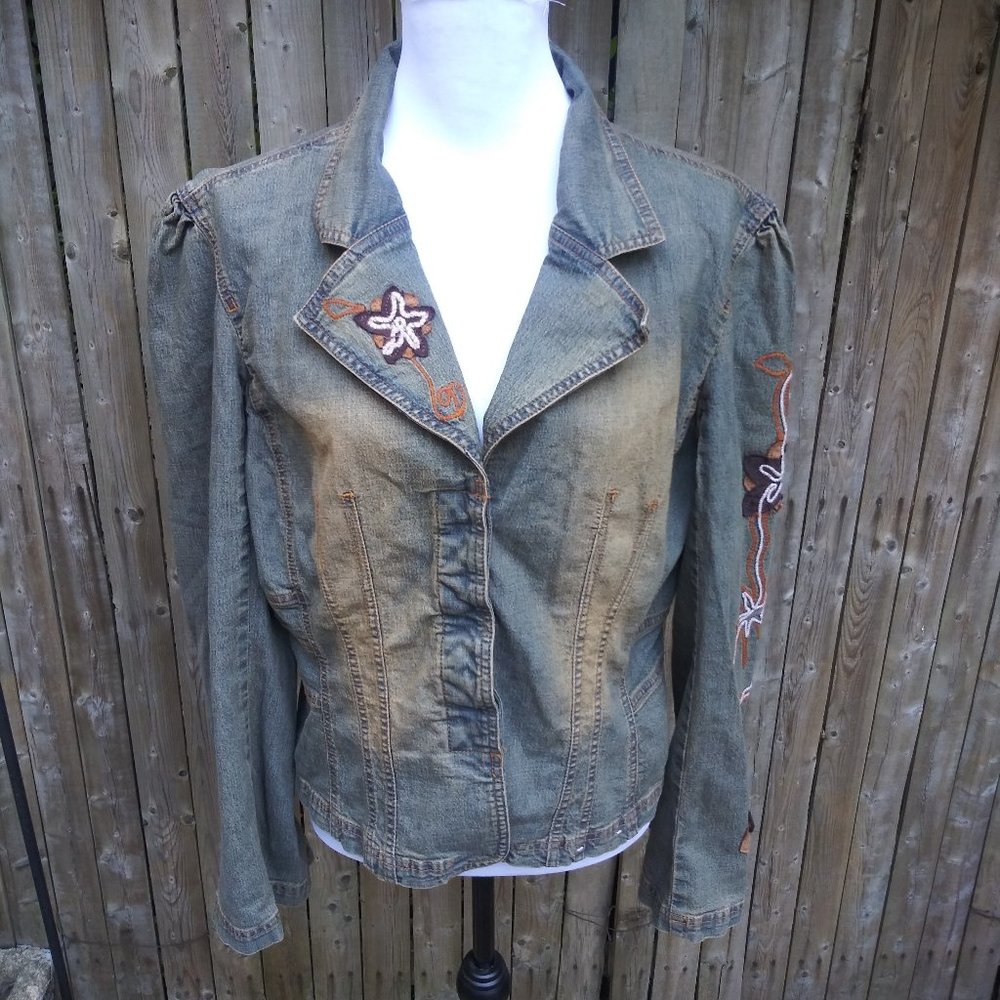 Vintage Bandini Floral Applique Distressed Denim Jacket